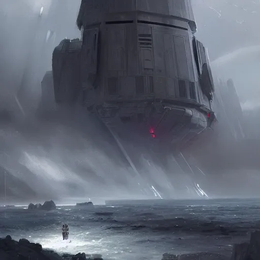 Prompt: star wars concept art by greg rutkowski, a palatial and imposing grey wide tower emerging from the sea in the middle of a ocean landscape, enigmatic atmosphere, beautiful and cinematic lighting, artstation hq.