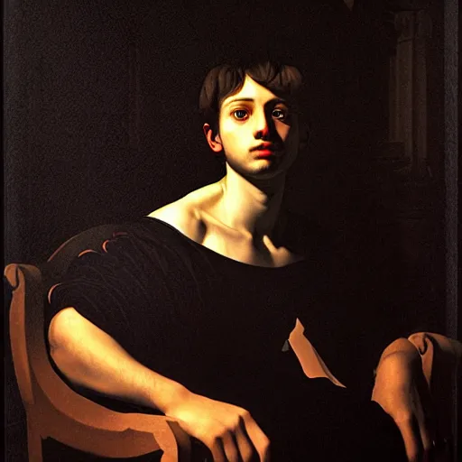Prompt: Young aristocrat! sitting upon a throne, by Caravaggio, high contrast lighting