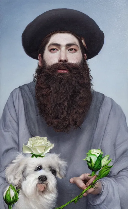 Prompt: a painting of a young bearded man holding a white rose and a stick, jester hat, small dog, a surrealist painting by marco mazzoni, cgsociety, neo - figurative, detailed painting, rococo, oil on canvas, seapunk, lovecraftian