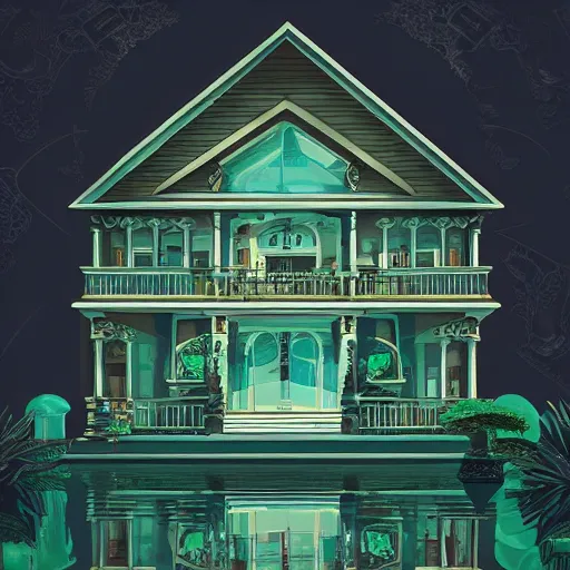 Image similar to people looking at a house, intricate, elegant, highly detailed, vector illustration, artstation, concept art, smooth, sharp focus, illustration, art by jonny wan, sea green color scheme