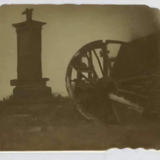 Prompt: polaroid photo of a napoleonic cannon standing on a graveyard.