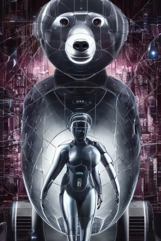 Image similar to Ghost in the shell 2017, cybernetic, android asian black bear, half robot half bear, future tech bear mask, hyperrealist highly intricate, 8K