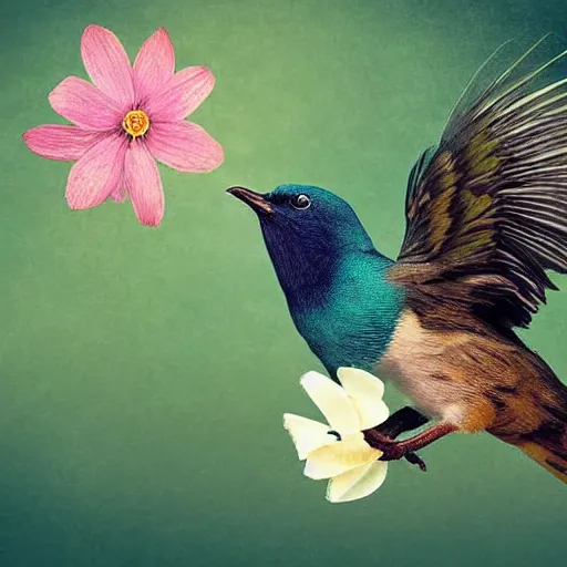 Image similar to a bird with arms instead of wings holds a beautiful flower, digital art, high detail, realistic