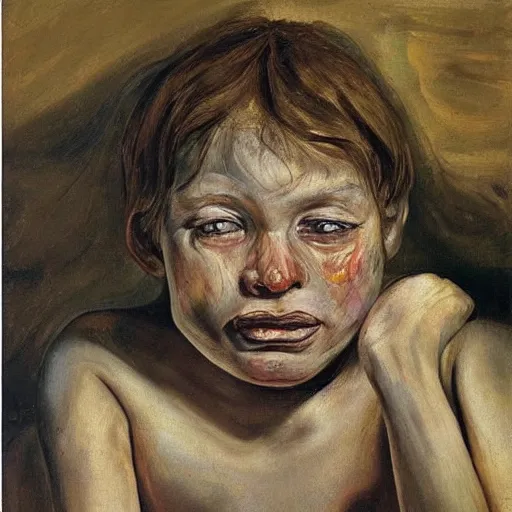 Image similar to Oil painting Portrait of a crying child, by Lucian Freud, Abstract brush strokes, Masterpiece