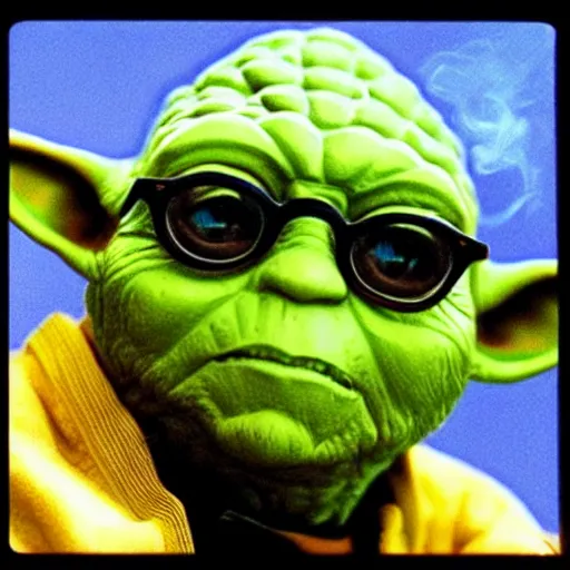 Prompt: portrait of yoda wearing dark rap glasses and smoking a cigaret