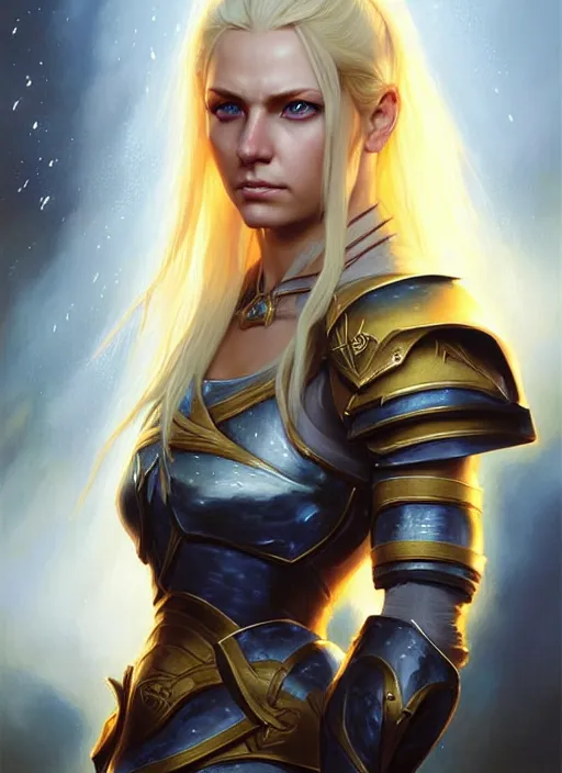 Image similar to a _ fantasy _ style _ portrait _ painting _ of timid white female paladin with blonde hair and blue eyes,, scar under left eye, holy oil _ painting _ unreal _ 5 _ daz. _ rpg _ portrait _ extremely _ detailed _ artgerm _ greg _ rutkowski _ greg