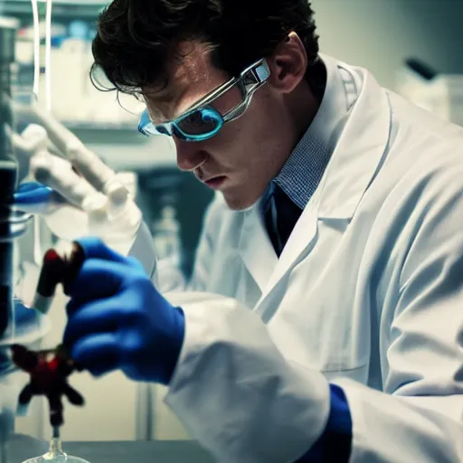 Image similar to medium shot artistic photo of spiderman working as a scientist experimenting in a dark lab, ultra detailed