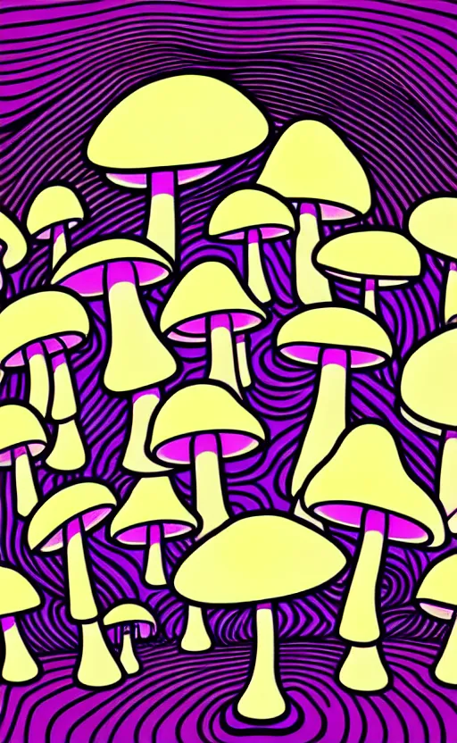 Prompt: psychedelic mushrooms wide angle shot, white background, vector art, illustration by frank frazetta