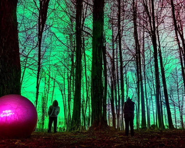 Prompt: nightvision incantation at the liminal forest, cyber innovation. orb pondering.