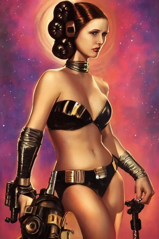 Image similar to a beautiful woman wearing princess leia metal bikini, painting by julie bell and ross tran