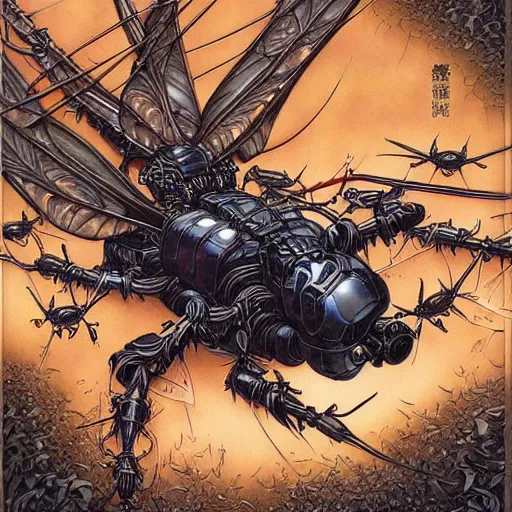 Image similar to dark robotic wasp, by yoichi hatakenaka, masamune shirow, josan gonzales and dan mumford, ayami kojima, takato yamamoto, barclay shaw, karol bak