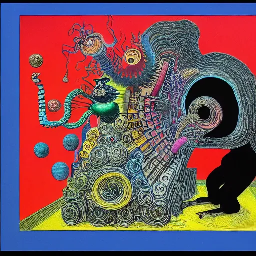 Prompt: empty black void, extremely detailed intricate colorful masterpiece by dr. seuss and max ernst