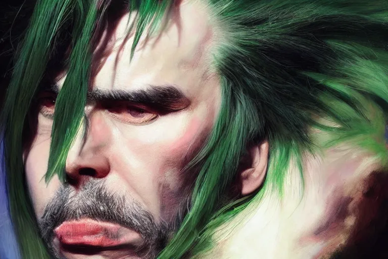 Prompt: a portrait of nick cave with green hair, masterpiece, dramatic lighting, stunning painting by ruan jia, jakub rebelka and artgerm