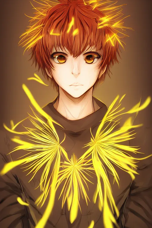 Image similar to amber glowing luminescent dandelion male anime character, symmetrical, highly detailed, digital art, sharp focus, trending on art station, amber eyes, autumnal colours