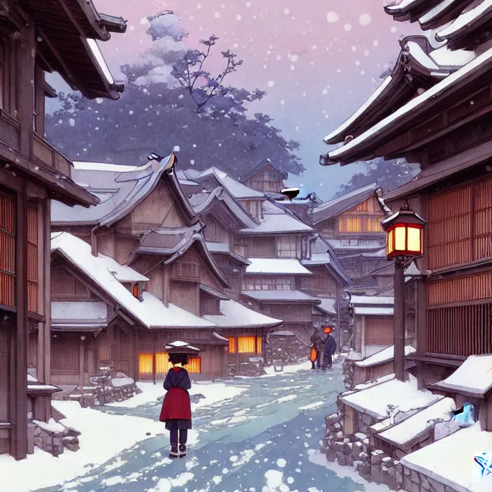 Image similar to japanese rural town, winter, in the style of studio ghibli, j. c. leyendecker, greg rutkowski, artem