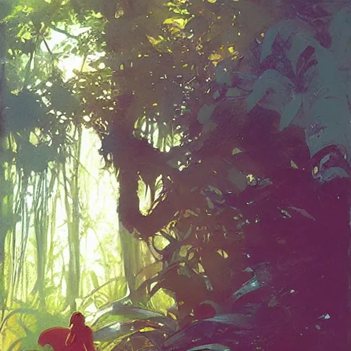 Image similar to beautiful jungle, dappled light, intricate, elegant, highly detailed, greg manchess, mucha, liepke, ruan jia, jeffrey catherine jones, ridley scott