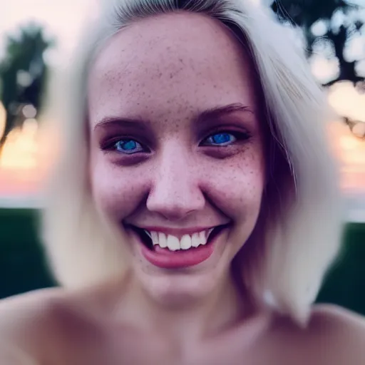 Image similar to beautiful selfie of a cute thin young woman smiling smugly, long light platinum blonde hair, flushed face, small heart - shaped face, cute freckles, light blue eyes, golden hour, 8 k, instagram