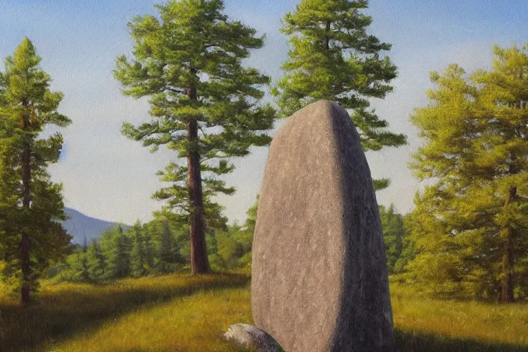 Prompt: runestone, monument, megalithic, nature, trees, mountains, focused, centered, very detailed, oil painting