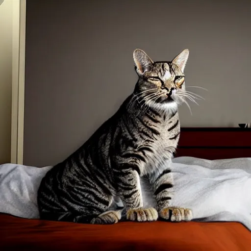 Image similar to a big house cat on a bed, ultra - realistic