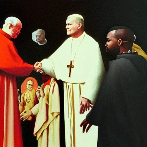 Prompt: a religious painting of john paul ii shaking hands with kanye west