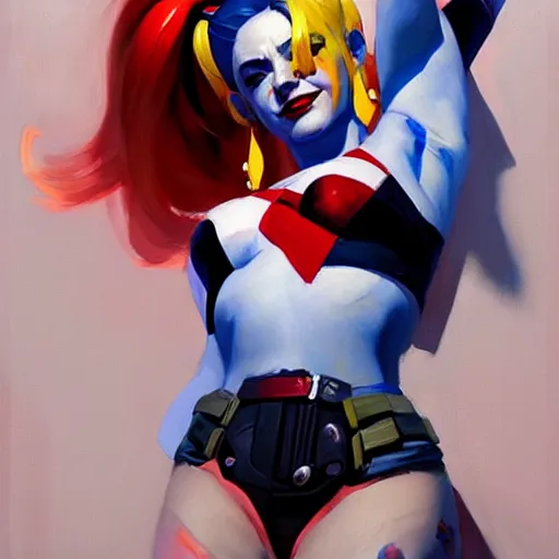 Image similar to Greg Manchess portrait painting of Harley Quinn as Overwatch character, medium shot, asymmetrical, profile picture, Organic Painting, sunny day, Matte Painting, bold shapes, hard edges, street art, trending on artstation, by Huang Guangjian and Gil Elvgren and Sachin Teng