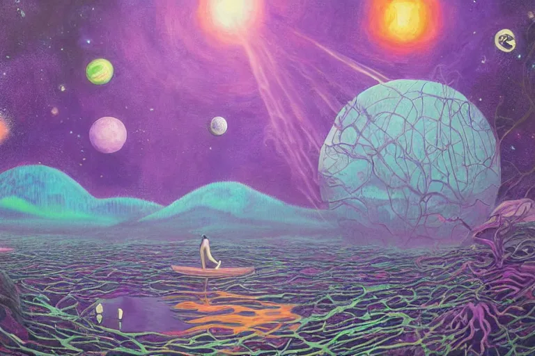 Prompt: surreal painting by chesley bonestelll!!, twelve an astronaut sitting near a river + psychedelic vegetation + purple, pink, blue + planets and stars + mystic fog, 5 0's vintage sci - fi style, rule of third!!!!, line art, 8 k, super detailed, high quality