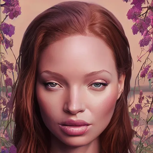 Image similar to a beautiful scenic painting of a beautiful young woman that looks like rebecca ferguson by artgerm and wlop and wes anderson and spike jonze