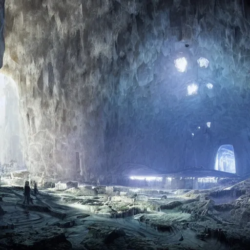 Prompt: panorama view of a complex crystal mine in an enormous underground cave system, painting, by greg rutkowski