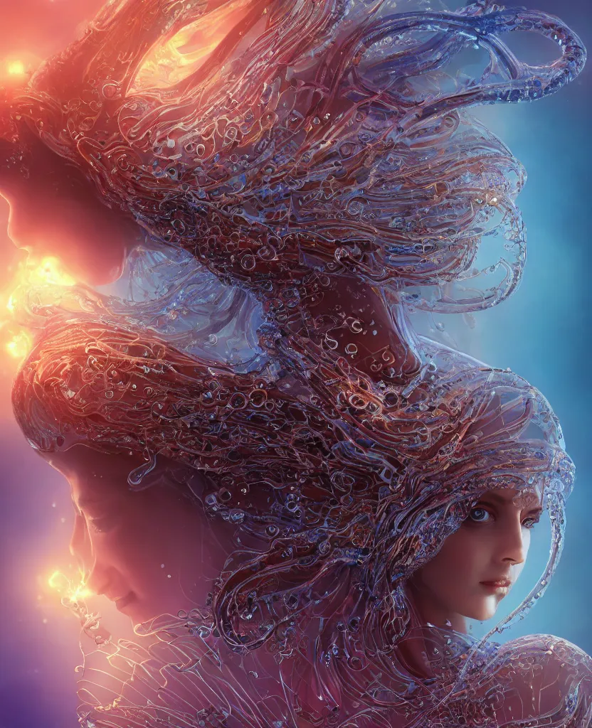 Image similar to close-up macro portrait of the face of a beautiful princess, epic angle and pose, symmetrical artwork, 3d with depth of field, blurred background, cybernetic jellyfish female face skull phoenix bird, translucent, nautilus, energy flows of water and fire. a highly detailed epic cinematic concept art CG render. made in Maya, Blender and Photoshop, octane render, excellent composition, cinematic dystopian brutalist atmosphere, dynamic dramatic cinematic lighting, aesthetic, very inspirational, arthouse. y Greg Rutkowski, Ilya Kuvshinov, WLOP, Stanley Artgerm Lau, Ruan Jia and Fenghua Zhong