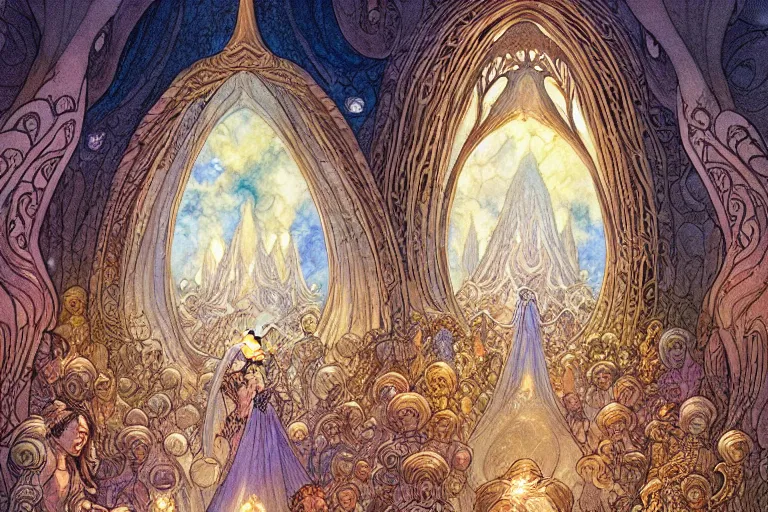 Prompt: a delicate mtg illustration by rebecca guay, terese nielsen and charles vess of a large group of people entering the glowing doorway of a massive vulva - shaped temple constructed of carved iridescent pearls and house - sized crystals of impossible architecture floating in the astral plane