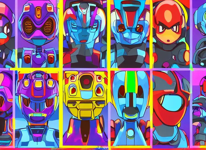 Image similar to 3 rows of 3 framed closeup colorful 3 d - rendered face portraits of cute evil robots from mega man, with a futuristic mechanical background.