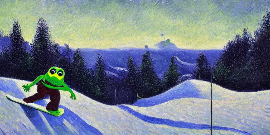 Image similar to pepe the frog snowboarding, gloomy landscape, expressive oil painting by christopher radlund and camille pissaro