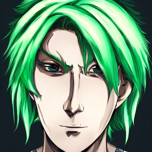 Image similar to portrait of a man with green hair, with eyes that look like a clock, anime style, trending on artstation