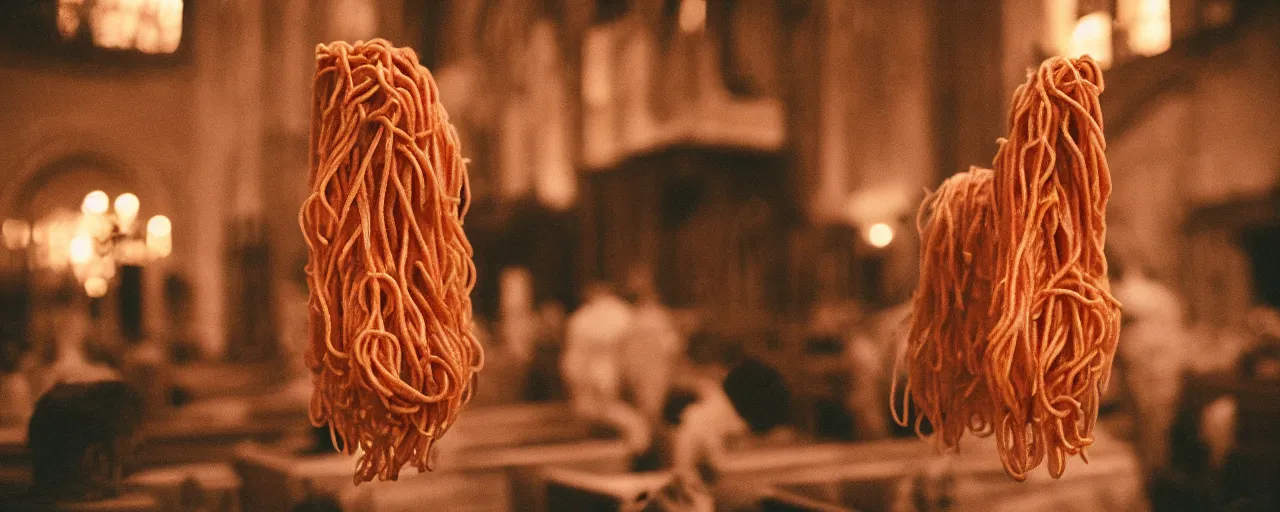 Prompt: an effigy of spaghetti inside a church, canon 5 0 mm, cinematic lighting, photography, retro, film, kodachrome, closeup