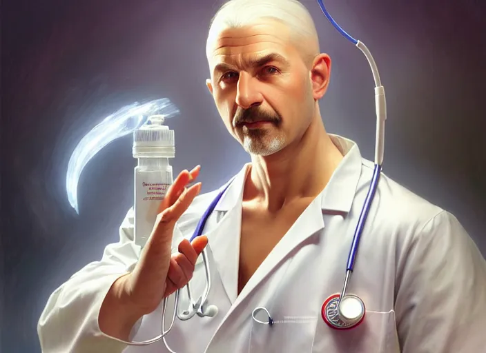 Image similar to a pepper wearing a white doctor's uniform, diffuse lighting, fantasy, hospital background, intricate, elegant, highly detailed, lifelike, photorealistic, digital painting, artstation, illustration, concept art, smooth, sharp focus, art by frank frazetta and marco bucci and loish and rossdraws and artgerm and alphonse mucha