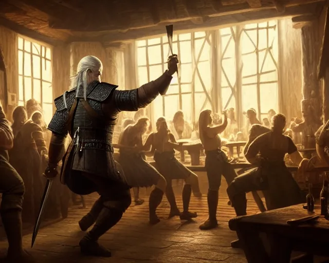 Prompt: 5 5 mm portrait photo of geralt of rivia dancing in a tavern. magical atmosphere. art by greg rutkowski. highly detailed 8 k. intricate. lifelike. soft light. nikon d 8 5 0.