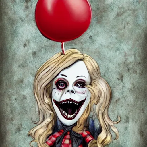 Image similar to grunge cartoon painting of margot robbie with a wide smile and a red balloon by chris leib, loony toons style, pennywise style, corpse bride style, horror theme, detailed, elegant, intricate