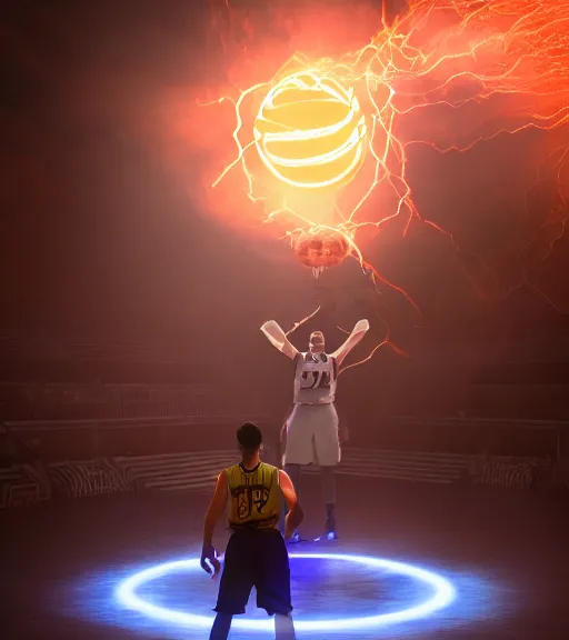 Prompt: portrait photography of mike krzyzewski as the god king emperor, blue devils, basketball, glowing, nimbus, volumetric light, unreal engine 5