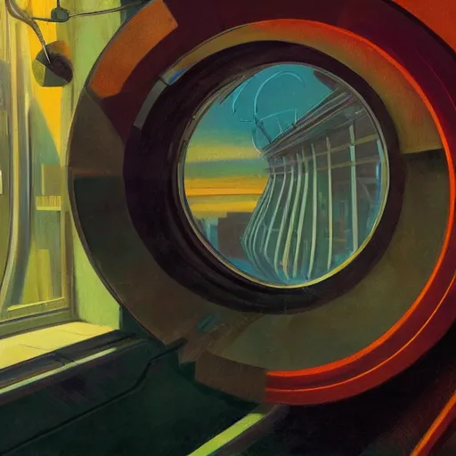 Image similar to detailed face of a woman, clockwork, moment, tectonic sky, skydome, bullet train, turbines, utopian, tech noir, wet reflections, prism, atmospheric, ambient, pj crook, syd mead, emma uber, greg rutkowski, edward hopper