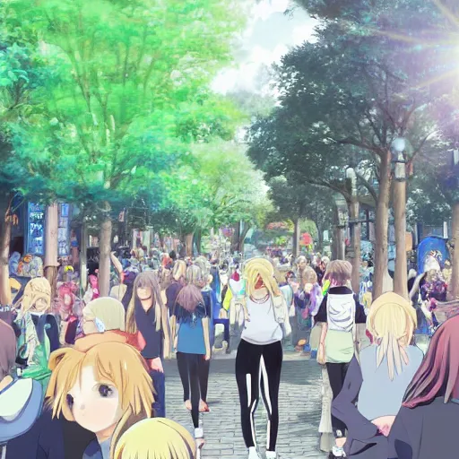 Image similar to blonde - haired princess, anime princess, wearing black jacket and white leggings, looking through crowd, town street, festival street, trees, green trees, blue lighting, blue sunshine, strong lighting, strong shadows, vivid hues, ultra - realistic, sharp details, subsurface scattering, intricate details, hd anime, 2 0 1 9 anime