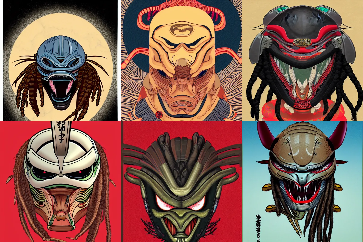 Prompt: digital portrait painting of The Predator in ancient Japan, ukiyo-e style, alien helmet, dreadlocks, trending on Artstation