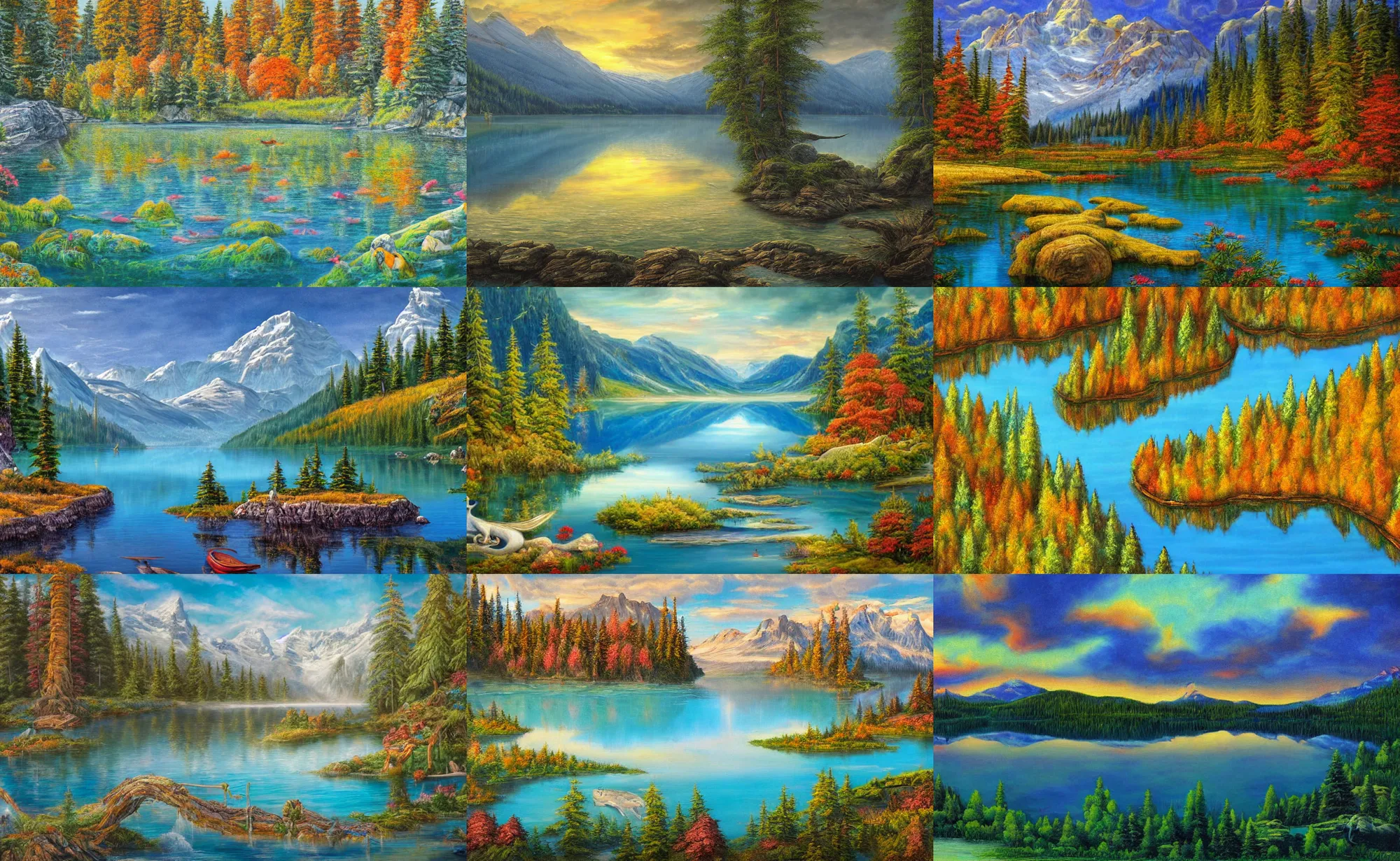 Prompt: beautiful award winning mythical painting of a canadian lake, extreme detail, 4 k, ultra hd