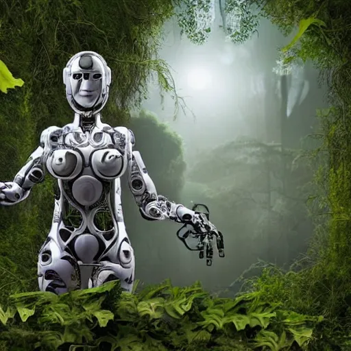 Prompt: futuristic human robot covered with wild plants and ivy, in a ruined city with wild vegetation, mist, realistic, hd