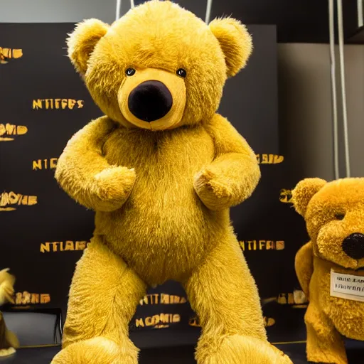 Image similar to a ( ( ( ( muscular yellow teddy bear ) ) ) proudly standing in front of his nfts collection!!!! 4 k photo