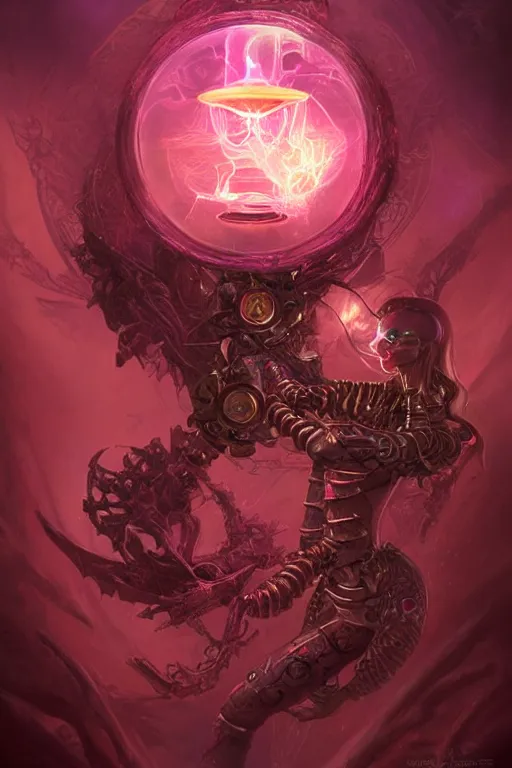 Image similar to Biomechanical Amulet Imbued with Pink Vapor, digital art, fantasy, magic, professional illustration by Seb McKinnon, WLOP, and artgerm, illustration