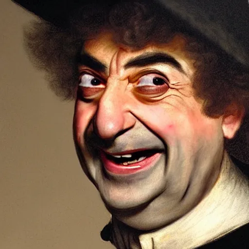 Prompt: a very detailed portrait of rowan atkinson laughing, art by rembrandt