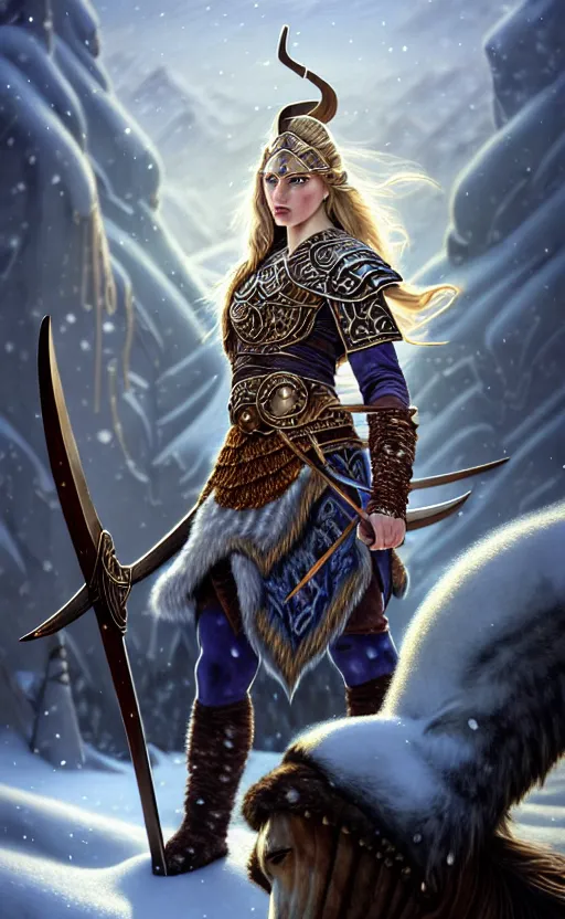 Image similar to iridescent viking warrior, regal, elegant, winter, snow, beautiful, stunning, hd, illustration, epic, d & d, fantasy, intricate, elegant, highly detailed, wide angle, digital painting, artstation, concept art, smooth, sharp focus, illustration, wallpaper, art by artgerm and greg rutkowski and alphonse mucha and jin xiaodi