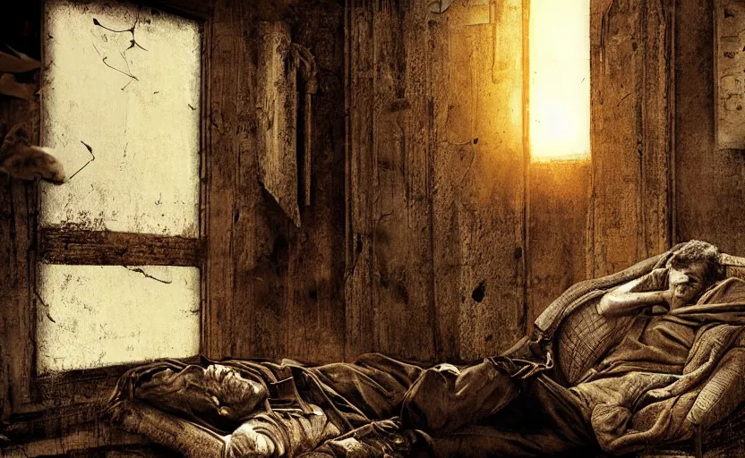 Image similar to ancient old man sleeping inside, mech, ww 3, resting, gritty, apocalyptic, poster