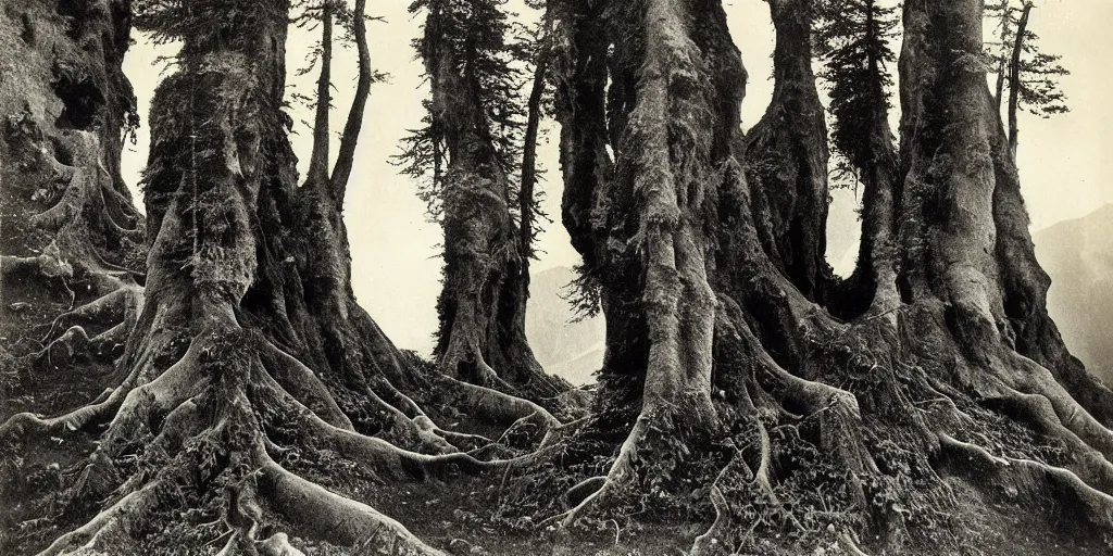 Prompt: 1 9 2 0 s spirit portrait photography of dolomite mountains overgrown by trees and roots by william hope