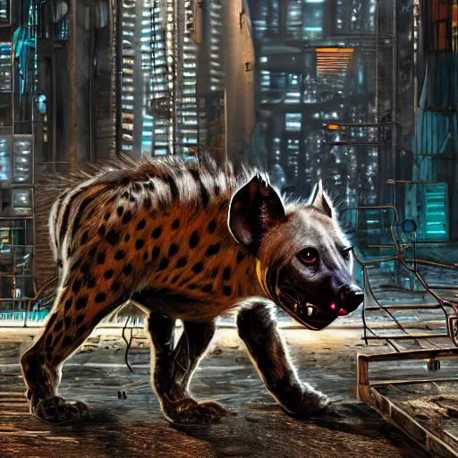 Image similar to cyborg hyena, beksinki style, many wires and exposed metal shown, huge cyberpunk city in background